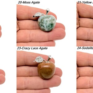 May include: Six different gemstone apple pendants, each with a silver setting and a silver stem. The gemstones are labradorite, moss agate, yellow jade, picasso jasper, crazy lace agate, and sodalite.