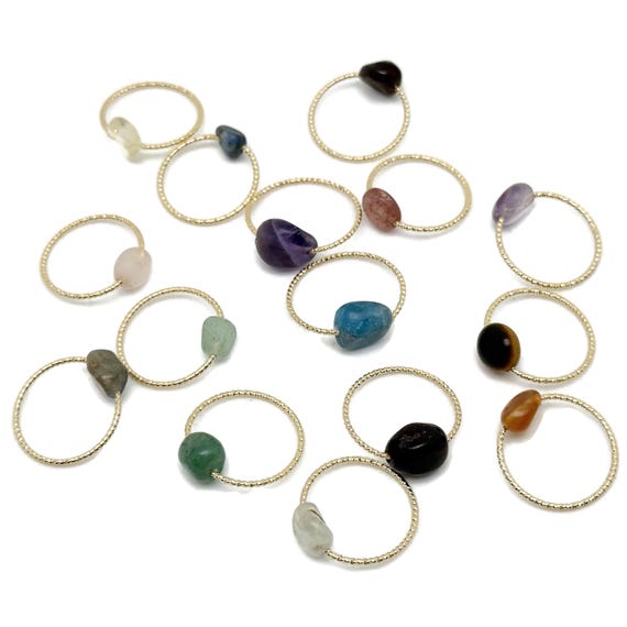 Dainty Gemstone Rings - Gold Wire Rings with Natural Crystal Beads, Minimalist Stacking Rings, Boho Jewelry Gift - NCMIX