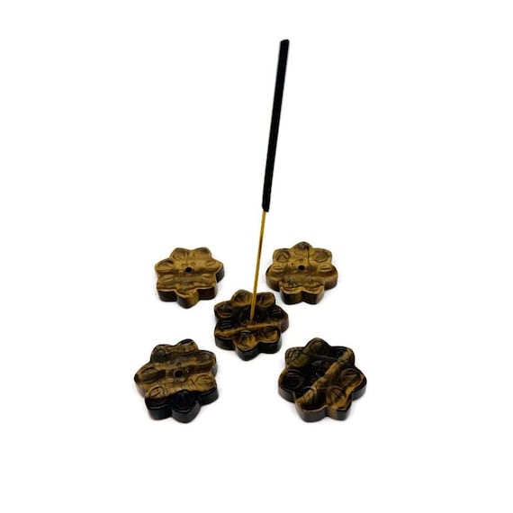 Tiger Eye Natural Crystal Flower Incense Holder – Carved Gemstone Stick Burner for Meditation - TZ1001