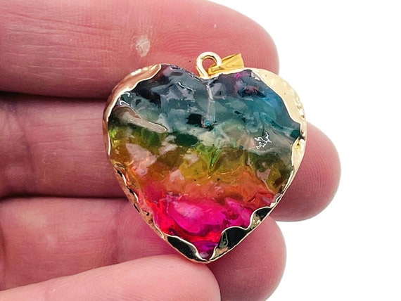 Rainbow Aura Heart Pendant - Aura Quartz Pendant - Pink-Yellow-Blue - Loose Crystal - NC1313