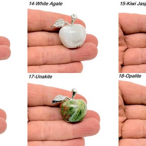May include: Six different gemstone apple pendants, each with a silver setting and a crystal on top. The stones are gray agate, white agate, kiwi jasper, red jasper, unakite, and opalite.
