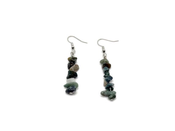 Moss Agate Crystal Chip Earrings - Silver Dangle Earrings - Handmade Crystal Earrings - Stainless Steel - Minimalist Jewelry - NC1857