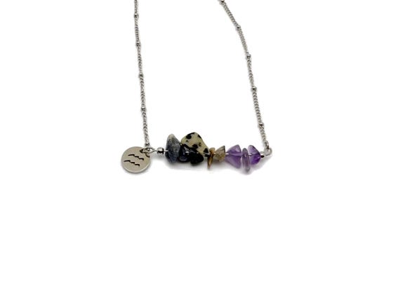 Aquairus Zodiac Gemstone Necklace -  Choose Your Stones - Silver Stainless Steel - Birthstone Crystal Neckalce - CC1012