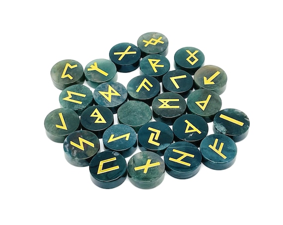 Moss Agate Crystal Rune Stone Set - Elder Futhark Alphabet Engraved 25 pcs Runes Set - Pocket Stones - Choose Your Gemstone - RU1007