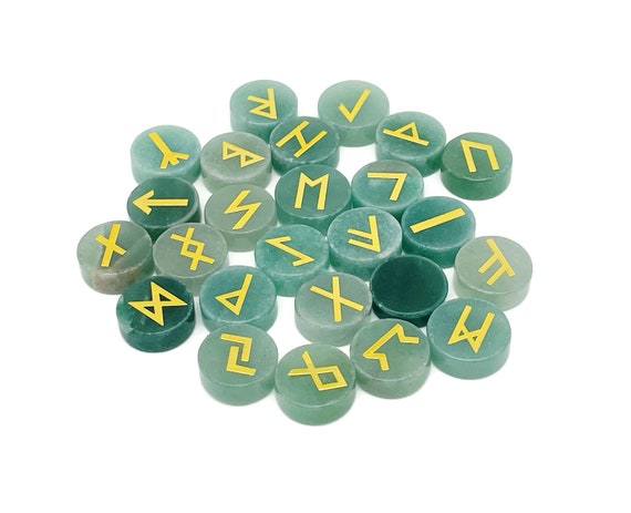 Aventurine Crystal Rune Stone Set - Elder Futhark Alphabet Engraved 25 pcs Runes Set - Pocket Stones - Choose Your Gemstone - RU1004
