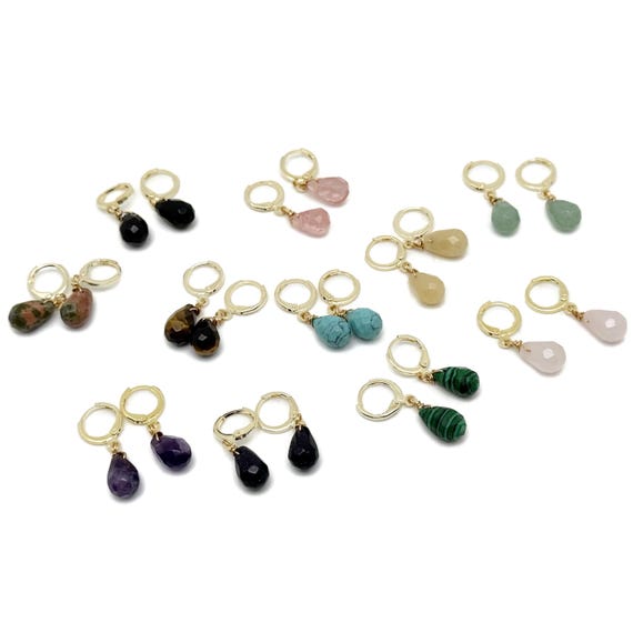 Natural Gemstone Drop Hoop Earrings - Gold Plated, Minimalist Jewelry, Amethyst, Malachite, Jasper, Blue Goldstone, Boho Gift - NCMIX