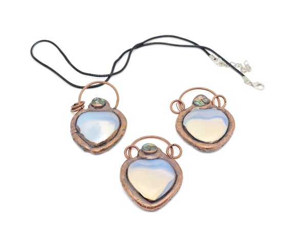 Gemstone Heart Opalite Pendant - Opalite Necklace - Copper Pendant - With Rope - For Women Gift - NC1043