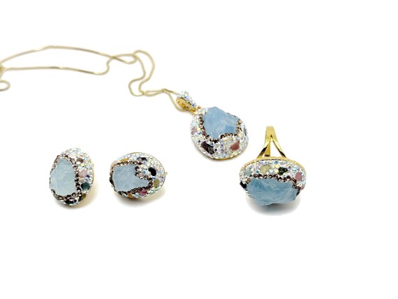 Aquamarine Jewelry Set – Crystal Necklace, Ring & Earrings – Gold Plated with CZ – Handmade March Birthstone Gift for Her - NC1950