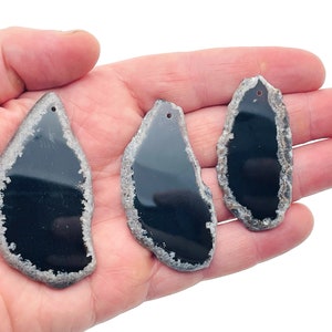 Black Agate Slice Drilled - Black Agate Slice Hole Geode Crystal - Natural Agate Slice - Jewelry Making - NC1326