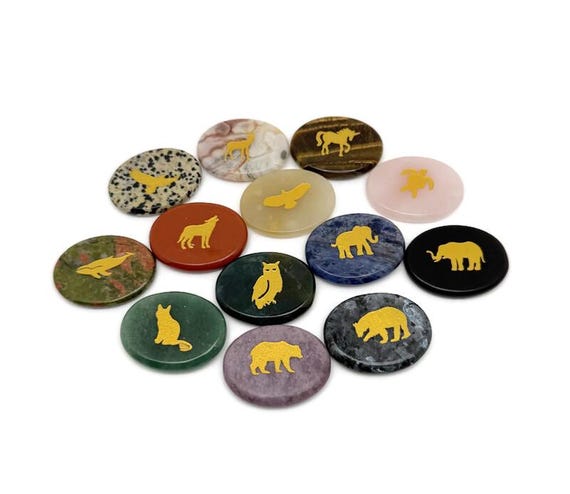 Animal Engraved Crystal Worry Stone - Gold Crystal Totem Stones - ENGMIX20