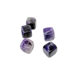 May include: Five purple amethyst tumbled stones in a square shape. The stones are smooth and polished.