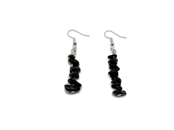 Obsidian Crystal Chip Earrings - Silver Dangle Earrings - Handmade Crystal Earrings - Stainless Steel - Minimalist Jewelry - NC1858