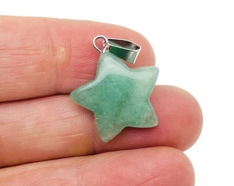 May include: A green star-shaped pendant made of aventurine gemstone with a silver bail.