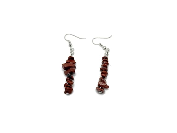 Red Jasper Crystal Chip Earrings - Silver Dangle Earrings - Handmade Crystal Earrings - Stainless Steel - Minimalist Jewelry - NC1851