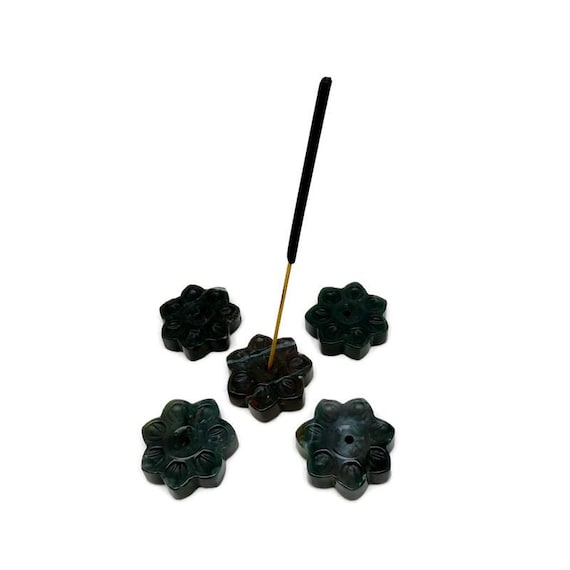 Moss Agate Natural Crystal Flower Incense Holder – Carved Gemstone Stick Burner for Meditation - TZ1010