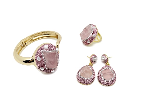 Rose Quartz Jewelry Set – Pink Gemstone Bracelet, Ring & Earrings – Elegant Gold Plated Crystal Set - Crystal Gifts - NC1943