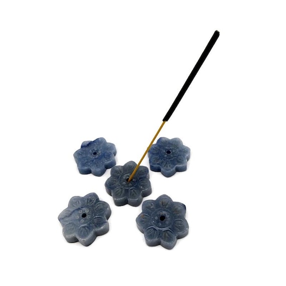 Blue Aventurine Natural Crystal Flower Incense Holder – Carved Gemstone Stick Burner for Meditation - TZ1006