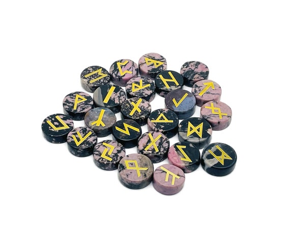 Rhodonite Crystal Rune Stone Set - Elder Futhark Alphabet Engraved 25 pcs Runes Set - Pocket Stones - Choose Your Gemstone - RU1012