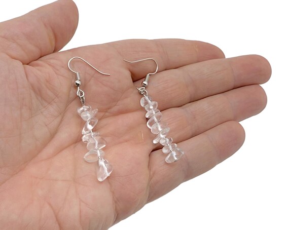 Clear Quartz Crystal Chip Earrings - Silver Dangle Earrings - Handmade Crystal Earrings - Stainless Steel - Minimalist Jewelry - NC1860
