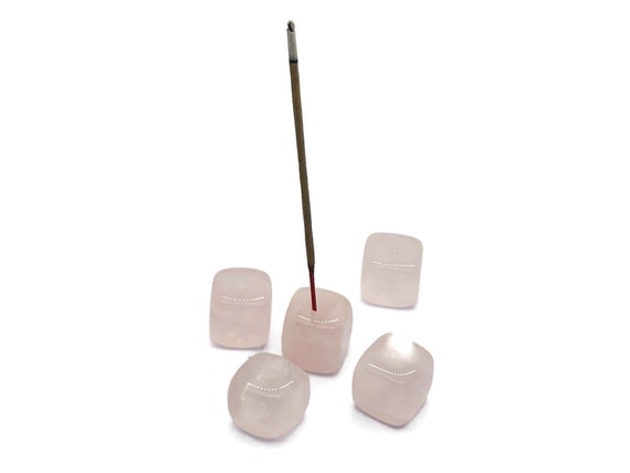 Rose Quartz Crystal Incense Holder - Crystal Stone Incense Stick Holder - Polished Cube Incense Holder - Healing Stone - IN1001