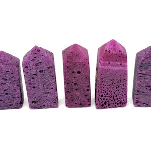 Può includere: Cinque oggetti di colore viola e rosa a forma di piccole case, che sembrano spugne. Gli oggetti sono disposti in fila, da sinistra a destra.