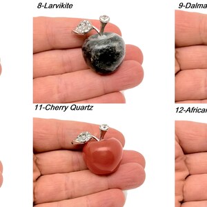 May include: Six different gemstone apple pendants, each with a silver setting and a crystal leaf. The gemstones are aventurine, larvikite, dalmatian jasper, dragon blood, cherry quartz, and african blood.