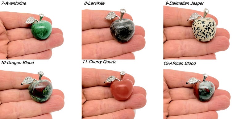 May include: Six different gemstone apple pendants, each with a silver setting and a crystal leaf. The gemstones are aventurine, larvikite, dalmatian jasper, dragon blood, cherry quartz, and african blood.