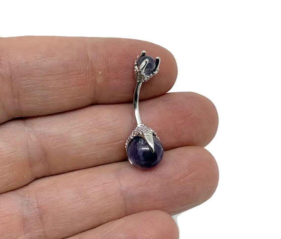 Amethyst Belly Button Ring - Silver Stainless Steel - Delicate Natural Stone Piercing - Navel Piercing - NC1847