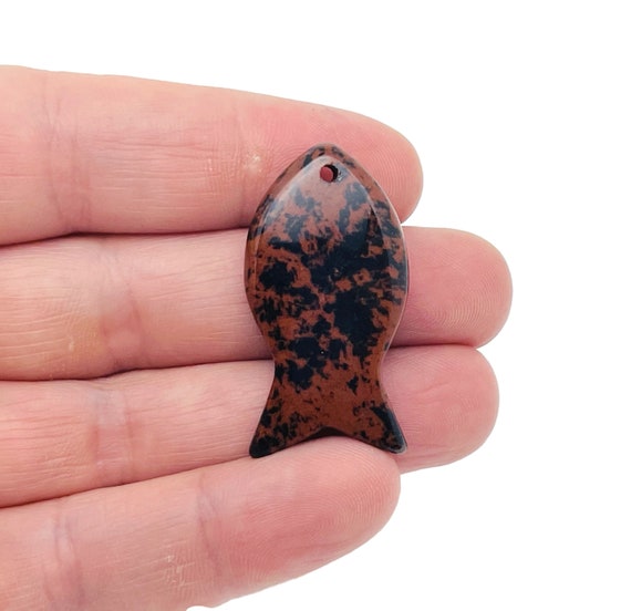 Mahogany Obsidian Fish Carving Gemstone Pendants - Pisces Zodiac Hole Crystal Fish - Reiki Healing Bulk Polished - Gift for Swimmer - NC1476