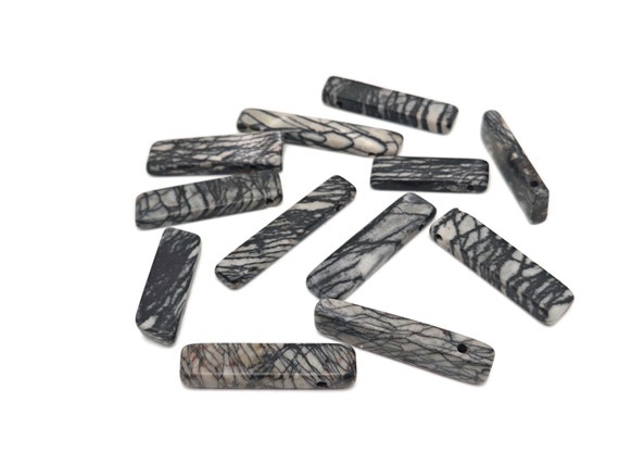 Black Network Jasper Drilled Tumbled Stones - Rectangle Hole Tumbled Stone - Making Jewelry Cytsals - Bulk Stones - NC1808