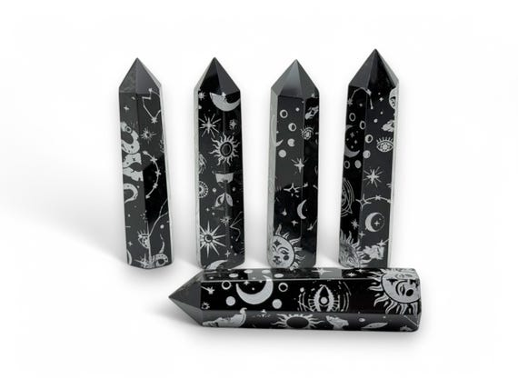 Natural Silver Printed Moon Sun Obsidian Point Crystal – Obelisk Tower Point Crystals – Meditation Gemstone - Gifts - TW1108