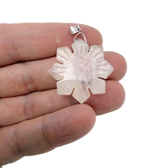 Clear Quartz Gemstone Snowflake Pendant – Carved Crystal Flower Charm - NC1920