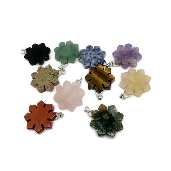 Gemstone Snowflake Pendant – Carved Crystal Flower Charm - NCMIX
