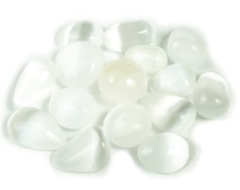 May include: A collection of smooth, white selenite tumbled stones. The stones are various sizes and shapes, with a milky white color and a slightly translucent appearance.