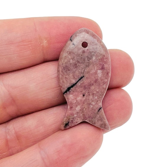 Rhodonite Fish Carving Gemstone Pendants - Pisces Zodiac Hole Crystal Fish - Reiki Healing Bulk Polished - Gift for Swimmer - NC1487