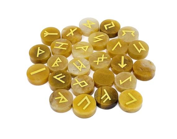 Yellow Jade Crystal Rune Stone Set - Elder Futhark Alphabet Engraved 25 pcs Runes Set - Pocket Stones - Choose Your Gemstone - RU1010