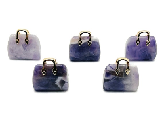 Amethyst Crystal Purse Carving - Crystal Handbag Pendant - Gemstone Purse - PU1002