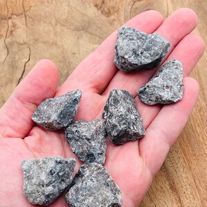 May include: A collection of seven small, rough, gray and black stones. The stones are in the palm of a hand.
