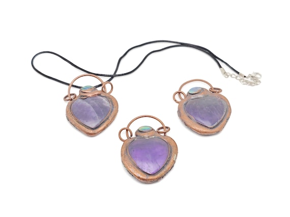 Gemstone Heart Amethyst Pendant - Amethyst Necklace - Copper Pendant - With Rope - For Women Gift - NC1047