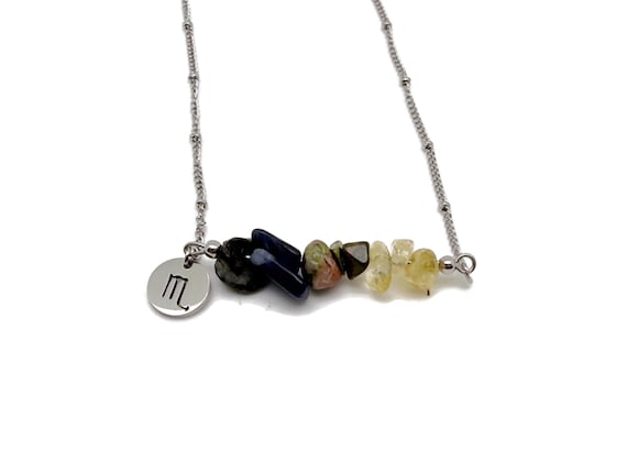 Scorpio Zodiac Gemstone Necklace -  Choose Your Stones - Silver Stainless Steel - Birthstone Crystal Neckalce - CC1009