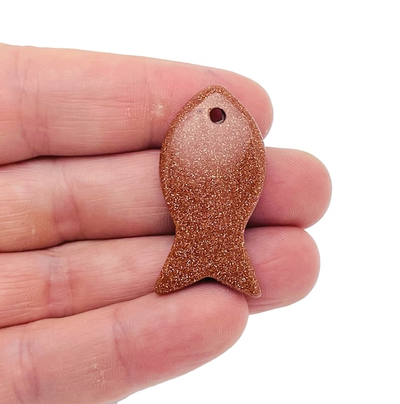 GoldStone Fish Carving Gemstone Pendants - Pisces Zodiac Hole Crystal Fish - Reiki Healing Bulk Polished - Gift for Swimmer - NC1471