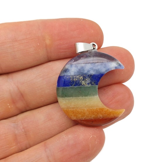Chakra Moon Crystal Pendant - 7 Stones Pendant - Seven Chakra Crystals - Healing All Chakra Balancing - Metaphysical Pocket Stone - NC1013