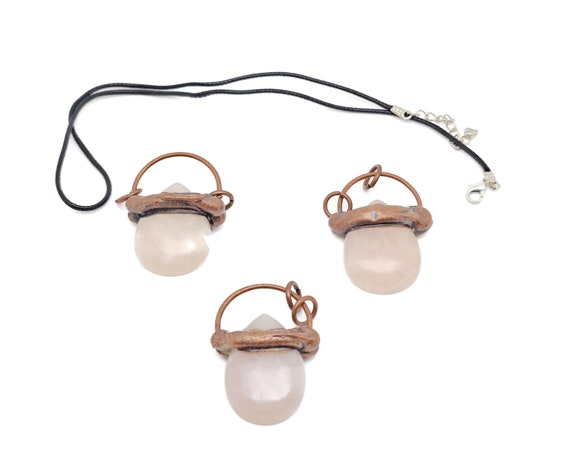 Gemstone Rose Quartz Pendant - Rose Quartz Necklace - Copper Pendant - With Rope - For Women Gift - NC1088