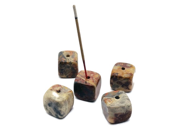 Crazy Lace Agate Crystal Incense Holder - Crystal Stone Incense Stick Holder - Polished Cube Incense Holder - Healing Stone - IN1012