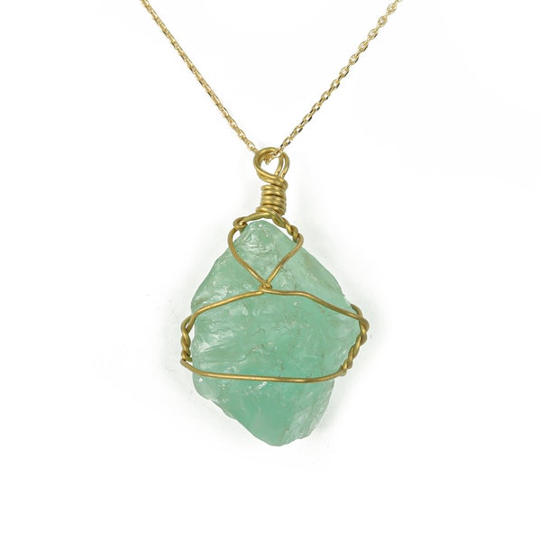 Green Fluorite Pendant - Brass Wire Wrapped Pendant - Crystals Healing - Gift - No Chain - NC1002