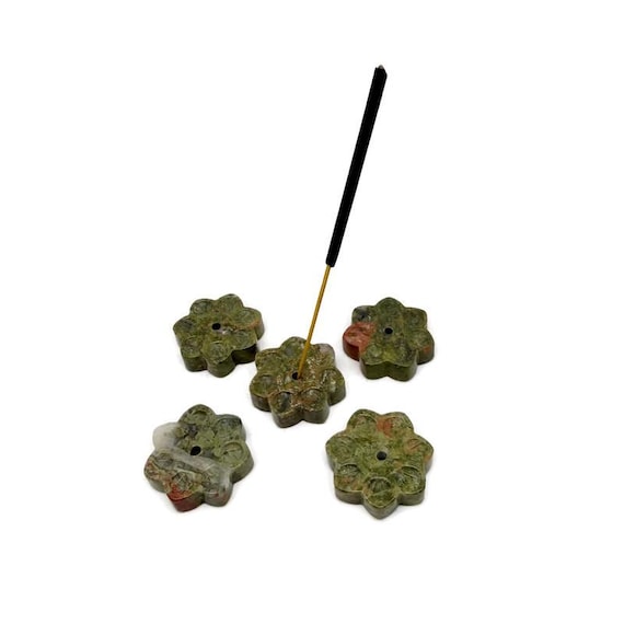 Unakite Natural Crystal Flower Incense Holder – Carved Gemstone Stick Burner for Meditation - TZ1011