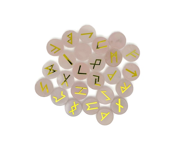 Rose Quartz Crystal Rune Stone Set - Elder Futhark Alphabet Engraved 25 pcs Runes Set - Pocket Stones - Choose Your Gemstone - RU1001