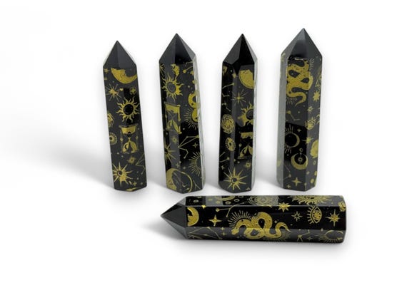 Natural Gold Printed Moon Sun Obsidian Point Crystal – Obelisk Tower Point Crystals – Meditation Gemstone - Gifts - TW1107