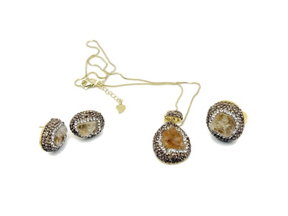 Citrine Raw Crystal Jewelry Set – Necklace, Earrings & Ring – Gold Statement Set with Sparkling Accents - Crystal Gifts - NC1946