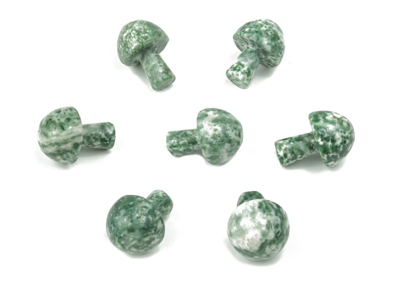 Green Dot Jade Mushroom Gemstone – Qinghai Jade Crystal Carving – Crystal Mushroom – Natural Tree Agate – 2cm – MU1024
